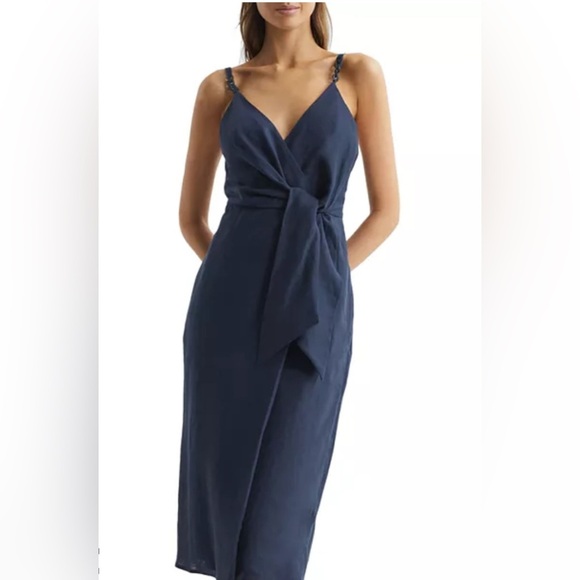 REISS | Esme Linen Dress navy 4 - Picture 3 of 14